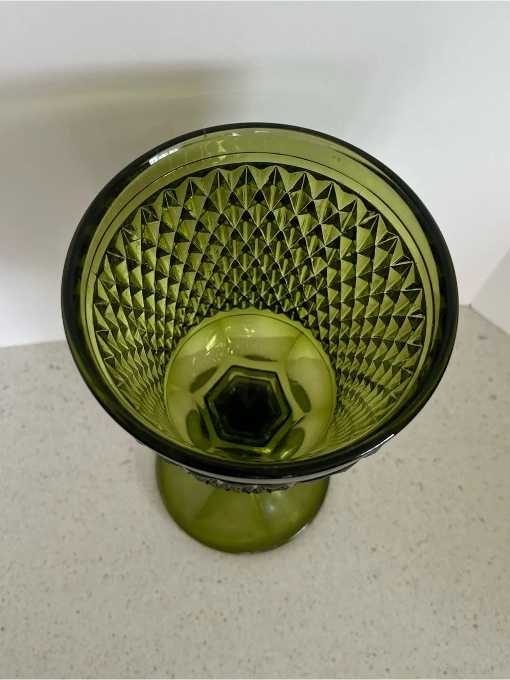 Indiana Glass Diamond Point Green Compote Pedestal Vase /Planter 11” Mid Century